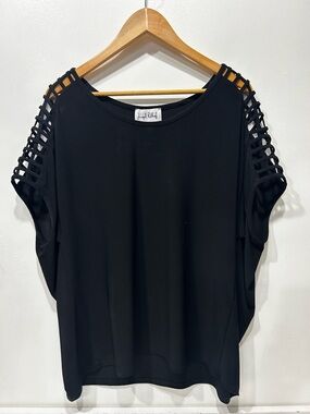 Joseph Ribkoff Black Lattice Sleeve Blouse Size 12 (M) Cutout Detail Elegant Top